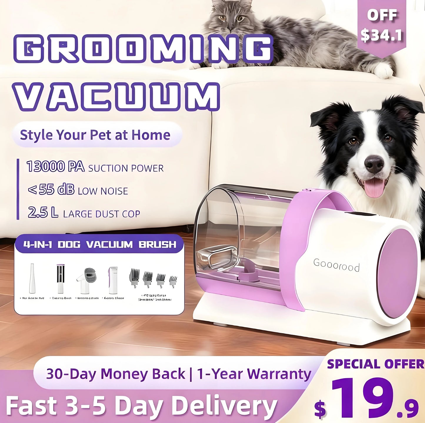 Home Pet Grooming Kit: Vacuum with 2.5L Cup & Clippers for Dog/Cat Hair